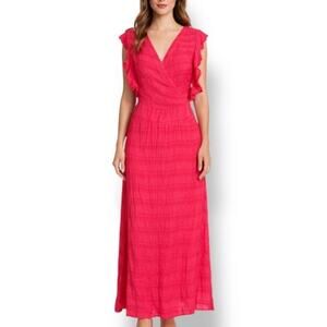 Michael Stars Hot Pink Crinkle Maxi Dress XS Made In USA Ruffles Lightweight